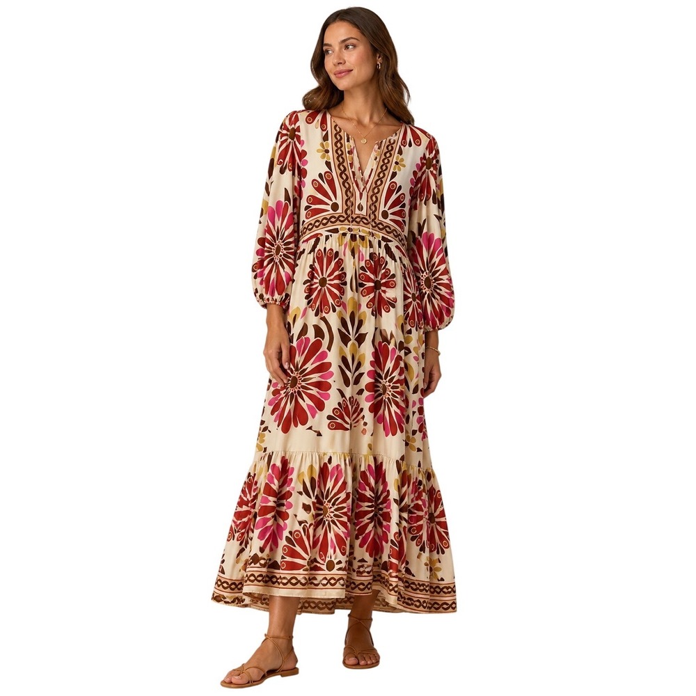 Farm Rio Women Red Pink Floral Viscose Tiered Maxi Dress Size Medium Bohemian
